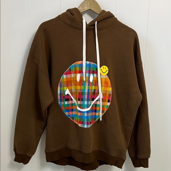 Joshua Sanders Brown Plaid Smiley Face Applique Hoodie Heavyweight Sweatshirt XS - Picture 3 of 13